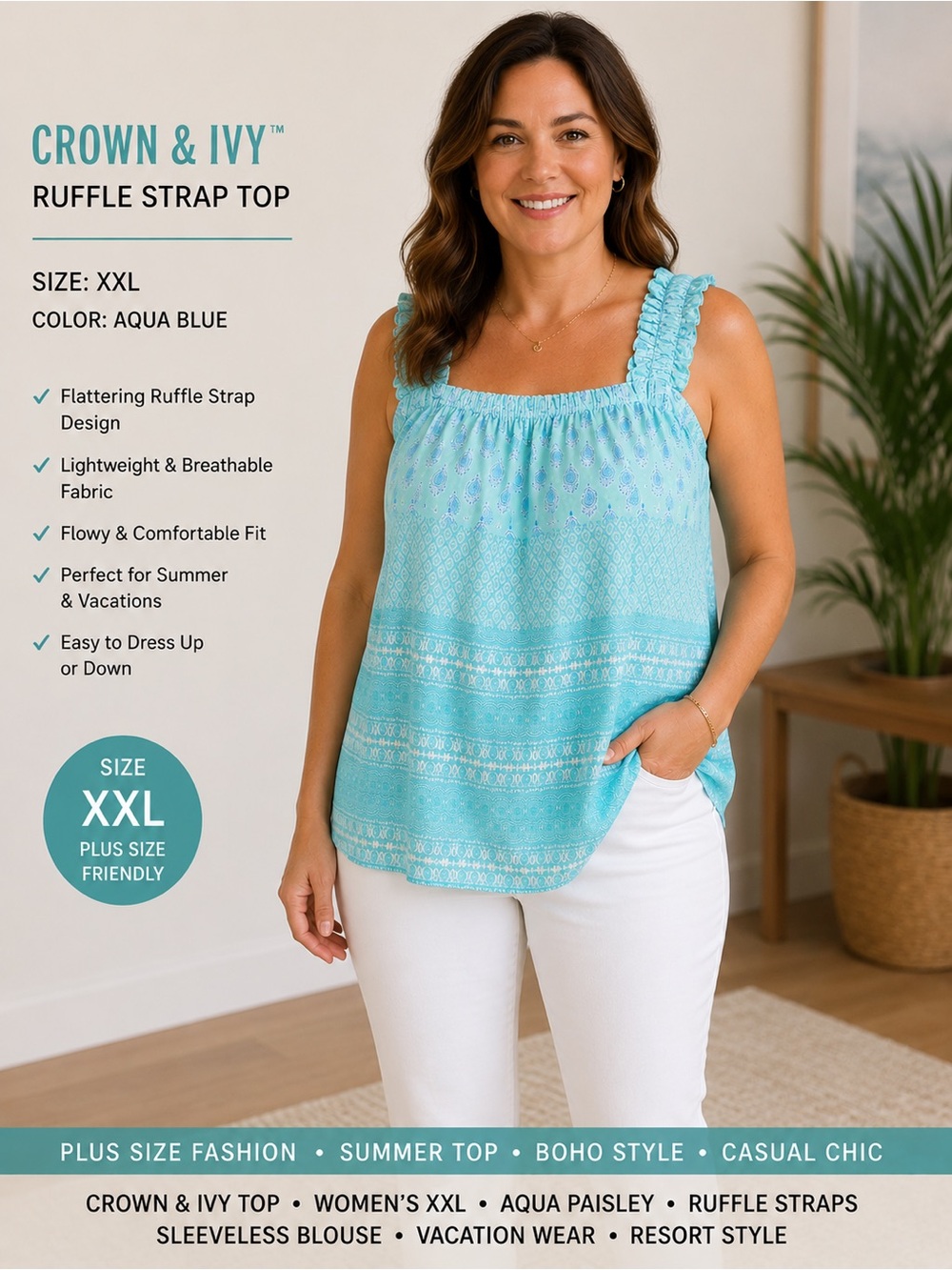 Beach Vacation Cottage Core XXL Aqua Blue Paisley Ruffle Strap Boho Tank Top